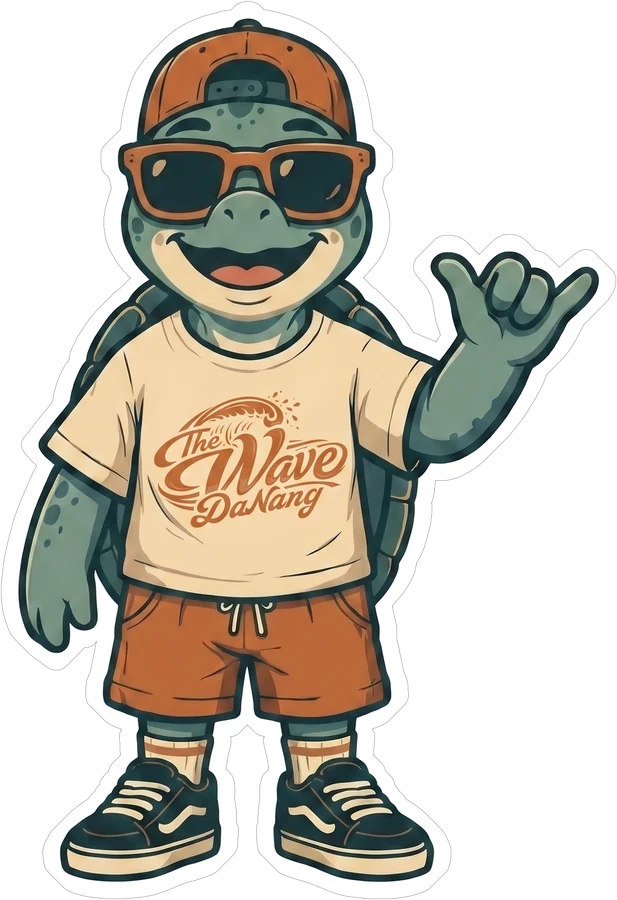 The Wave turtle mascot throwing a shaka